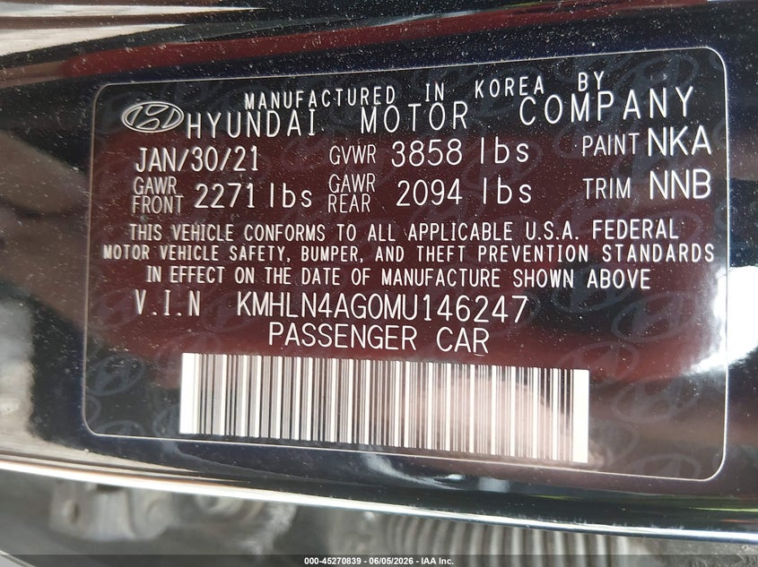 2021 Hyundai Elantra VIN KMHLN4AG0MU146247 IAAI salvage auction — FRONT END, Salvage (Mississippi), sold $1,350 on 2026-08-02 (photo 9)