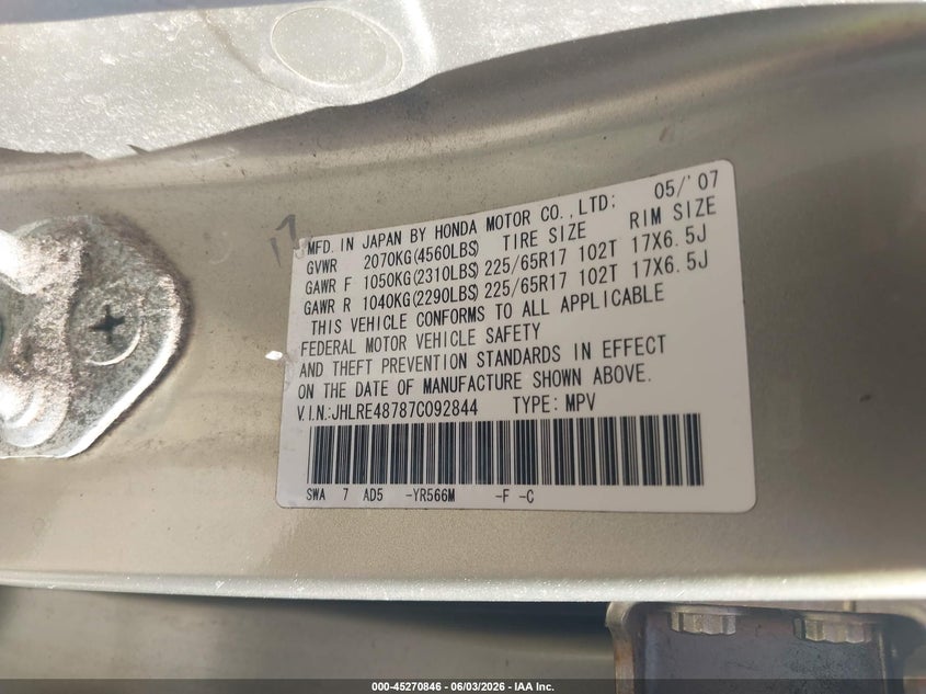 2007 Honda Cr-v VIN JHLRE48787C092844 IAAI salvage auction — FRONT END, Salvage (Massachusetts), sold $650 on 2026-07-08 (photo 9)