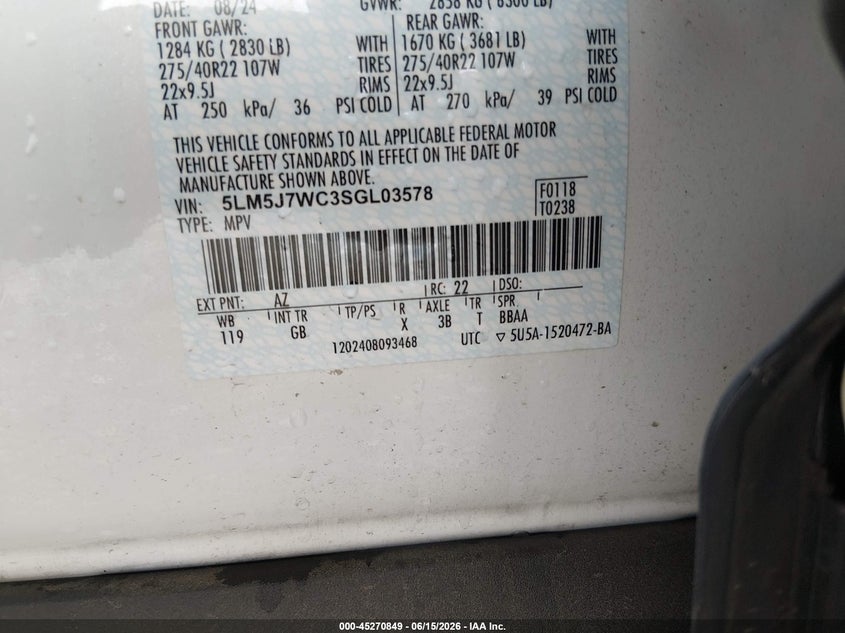 2025 Lincoln Aviator VIN 5LM5J7WC3SGL03578 IAAI salvage auction — REAR END, Salvage (Louisiana), sold $29,250 on 2026-07-22 (photo 9)