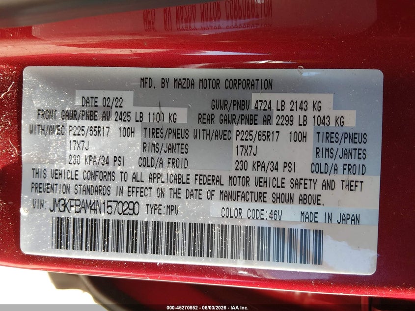2022 Mazda Cx-5 VIN JM3KFBAM4N1570290 IAAI salvage auction — RIGHT FRONT, Salvage Title, sold $4,800 on 2026-08-01 (photo 9)