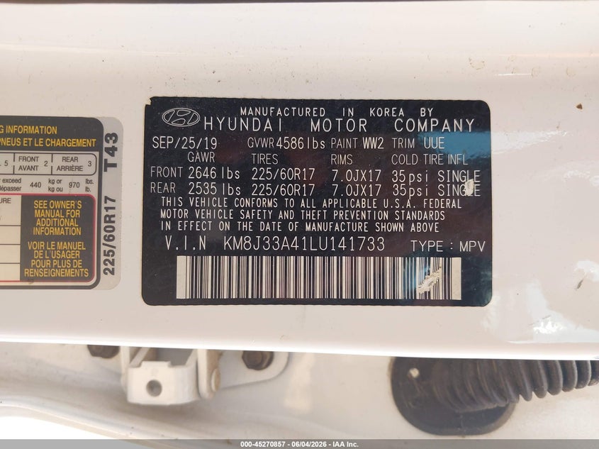 2020 Hyundai Tucson VIN KM8J33A41LU141733 IAAI salvage auction — HAIL, Salvage Title, sold $2,450 on 2026-07-30 (photo 9)