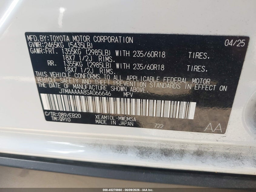 2025 Toyota Bz4x VIN JTMAAAAA8SA066646 IAAI salvage auction — FRONT & REAR, Mv-907A (New York), sold $2,850 on 2026-07-28 (photo 9)