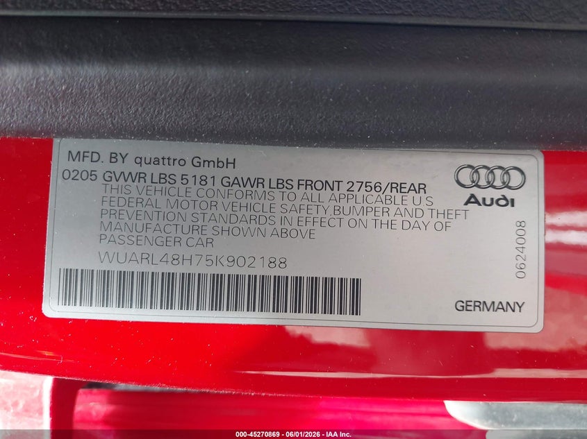 2005 Audi S4 VIN WUARL48H75K902188 IAAI salvage auction — NORMAL WEAR, Clear (Maryland), sold $400 on 2026-07-14 (photo 9)