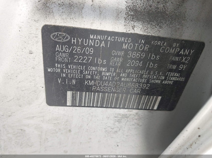 2010 Hyundai Elantra VIN KMHDU4AD2AU868392 IAAI salvage auction — NORMAL WEAR, Clear (Pennsylvania), sold $400 on 2026-07-07 (photo 9)