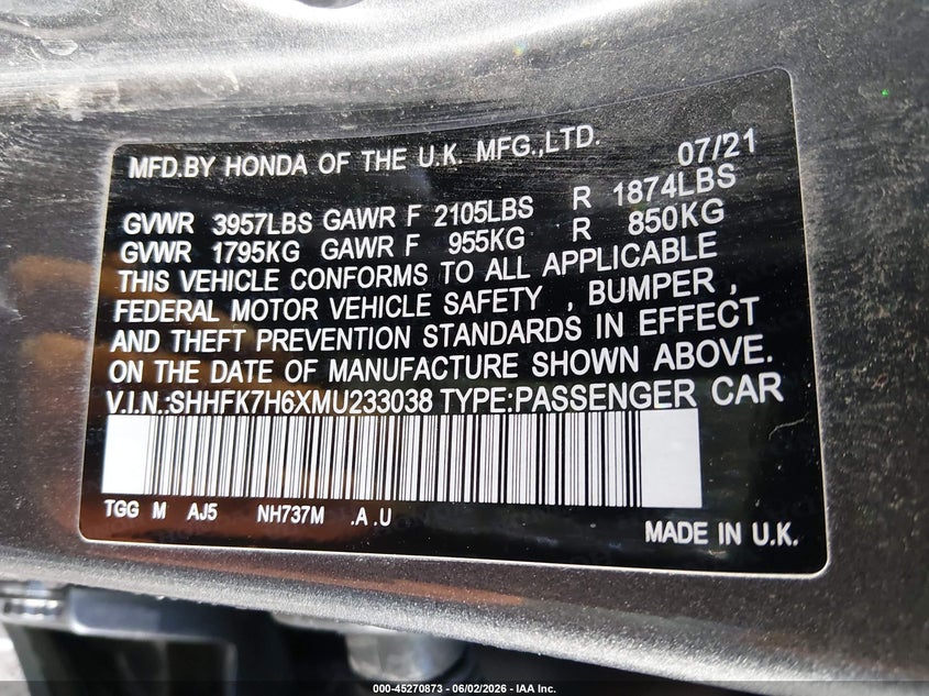 2021 Honda Civic VIN SHHFK7H6XMU233038 IAAI salvage auction — FRONT END, Salvage Title, sold $2,950 on 2026-07-10 (photo 9)