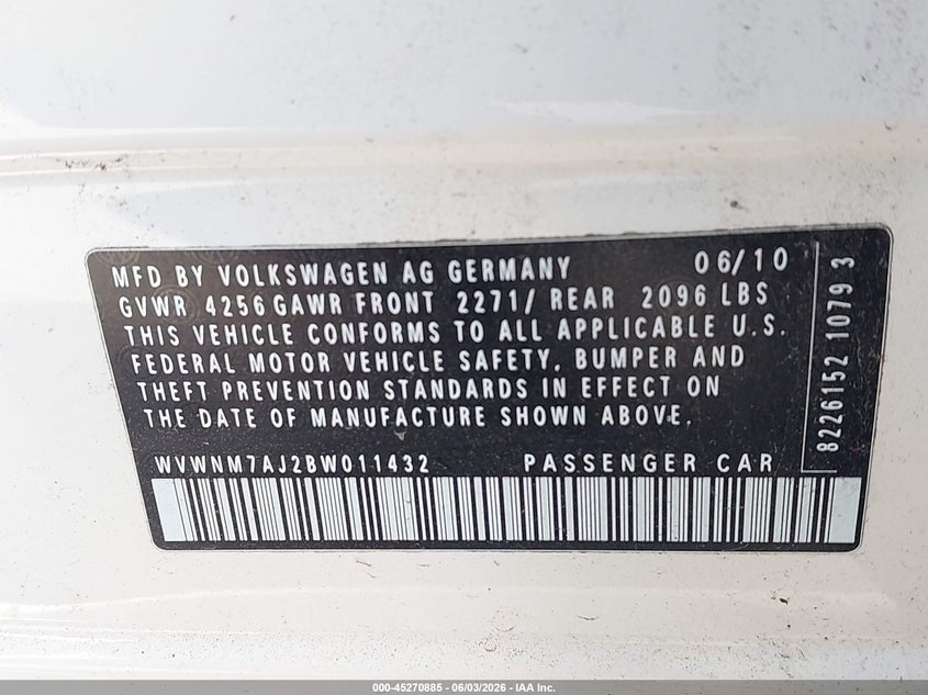 2011 Volkswagen Golf VIN WVWNM7AJ2BW011432 IAAI salvage auction — FRONT END, Original (Texas), sold $750 on 2026-07-24 (photo 9)