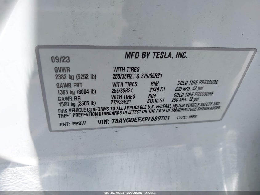 2023 Tesla Model y VIN 7SAYGDEFXPF889701 IAAI salvage auction — LEFT FRONT, Salvage Title, sold $13,100 on 2026-07-10 (photo 9)