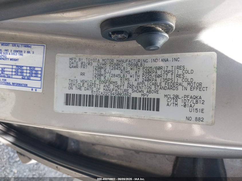 2004 Toyota Sienna VIN 5TDZA22C94S003862 IAAI salvage auction — FRONT & REAR, Mv-907A (New York), sold $500 on 2026-07-14 (photo 9)