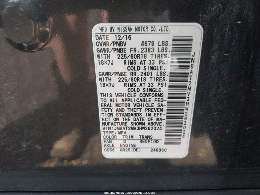 2017 Nissan Rogue VIN JN8AT2MV3HW262024 IAAI salvage auction — FRONT END, Salvage Title, sold $2,100 on 2026-07-22 (photo 9)