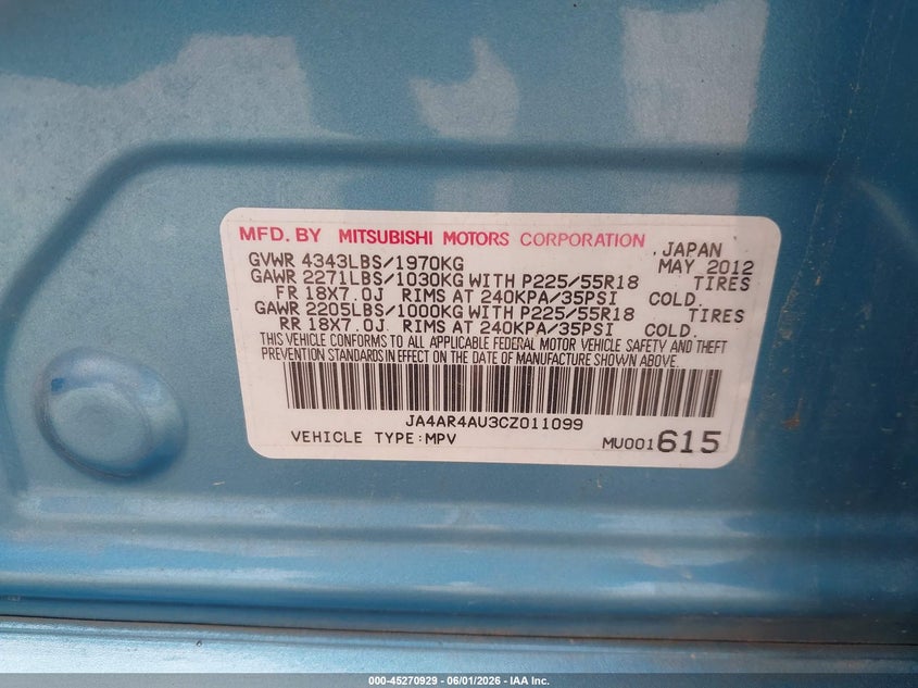 2012 Mitsubishi Outlander VIN JA4AR4AU3CZ011099 IAAI salvage auction — FRONT END, Salvage Title, sold $425 on 2026-07-22 (photo 9)