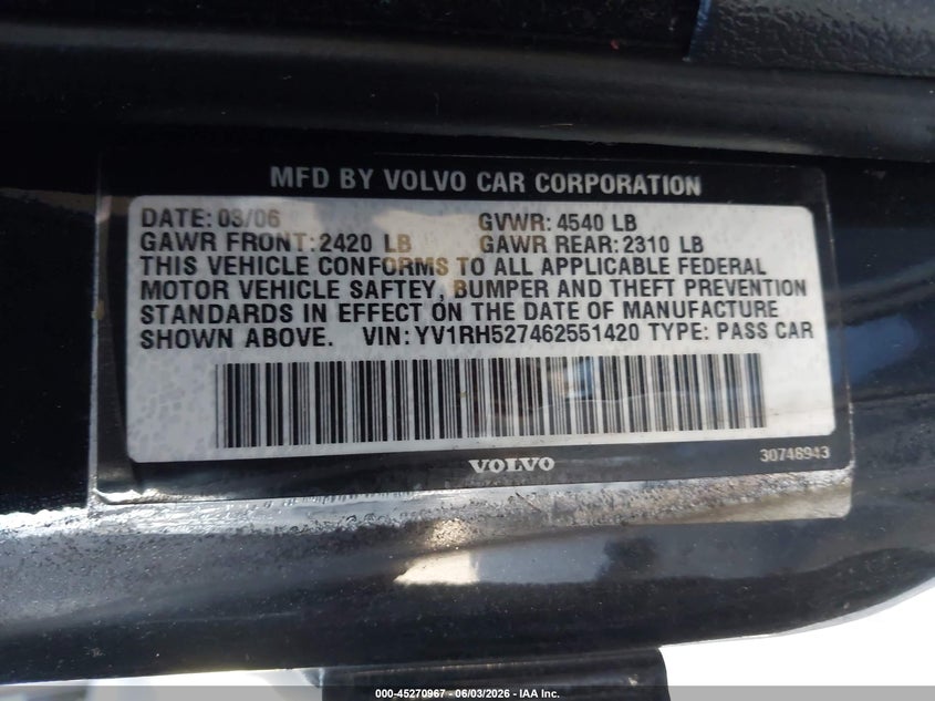 2006 Volvo S60 VIN YV1RH527462551420 IAAI salvage auction — REAR END, Parts Only Bos (Minnesota), sold $300 on 2026-07-13 (photo 9)