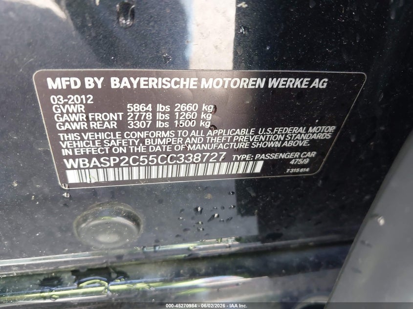 2012 BMW 5er VIN WBASP2C55CC338727 IAAI salvage auction — FRONT END, Salvage Title, sold $450 on 2026-07-09 (photo 9)