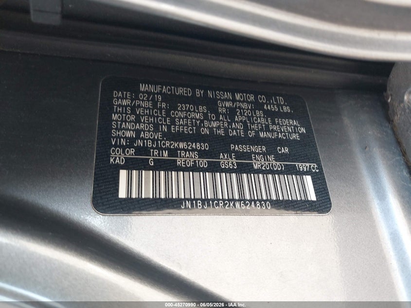 2019 Nissan VIN JN1BJ1CR2KW624830 IAAI salvage auction — FRONT END, Salvage Title, sold $2,150 on 2026-07-14 (photo 9)
