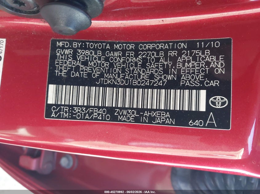 2011 Toyota Prius VIN JTDKN3DU1B0247247 IAAI salvage auction — NORMAL WEAR, Salvage Title - Dealer (California), sold $700 on 2026-07-09 (photo 9)