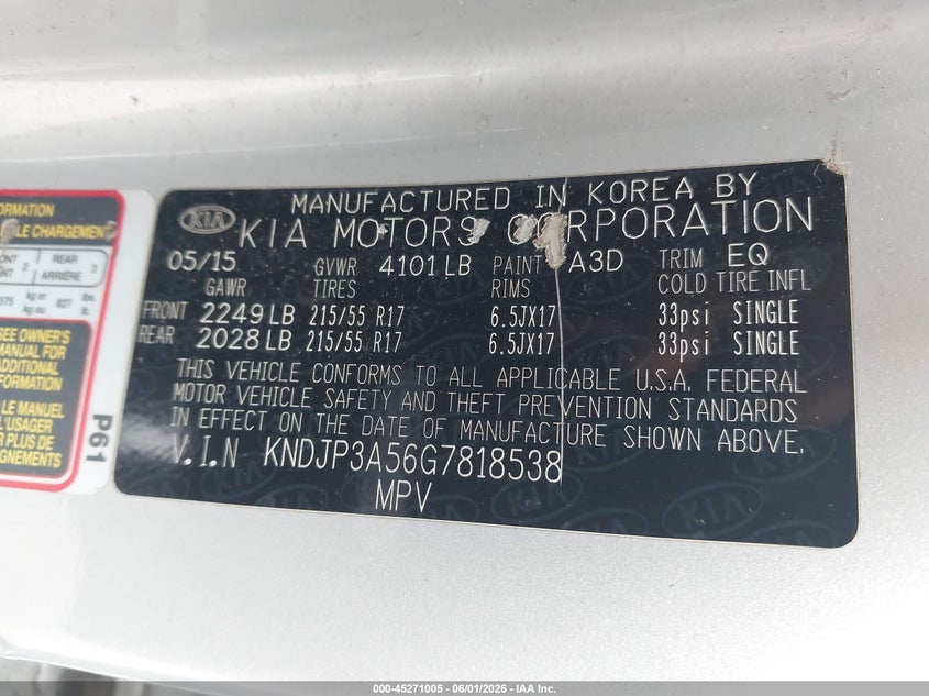 2016 Kia Soul VIN KNDJP3A56G7818538 IAAI salvage auction — NORMAL WEAR, Salvage (Texas), sold $300 on 2026-07-29 (photo 9)