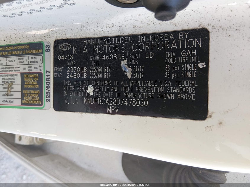 2013 Kia Sportage VIN KNDPBCA28D7478030 IAAI salvage auction — FRONT END, Salvage Title, sold $2,200 on 2026-07-15 (photo 9)