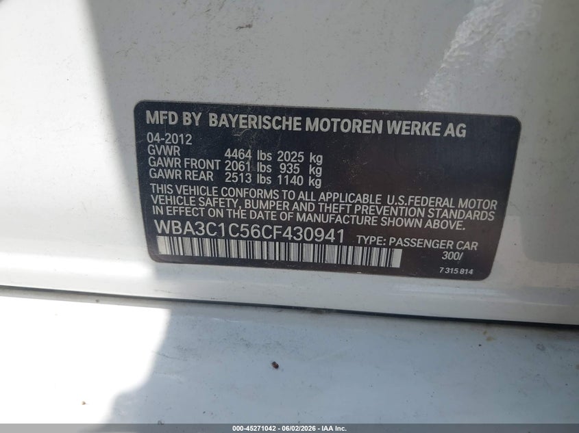 2012 BMW 3er VIN WBA3C1C56CF430941 IAAI salvage auction — REAR END, Original (Texas), sold $575 on 2026-07-29 (photo 9)