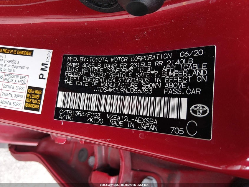 2021 Toyota Corolla VIN JTDS4MCE9MJ056353 IAAI salvage auction — REAR END, Salvage Title, sold $5,200 on 2026-07-06 (photo 9)