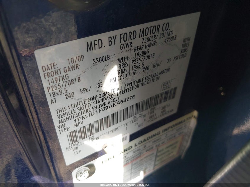 2010 Ford Expedition VIN 1FMJU1F59AEA64278 IAAI salvage auction — REAR END, Salvage (Idaho), sold $725 on 2026-07-09 (photo 9)