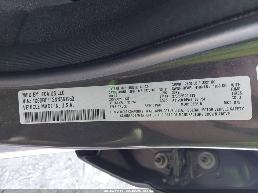 2022 Ram 1500 VIN 1C6SRFFT2NN381953 IAAI salvage auction — FRONT END, Salvage Title, sold $8,000 on 2026-07-19 (photo 9)