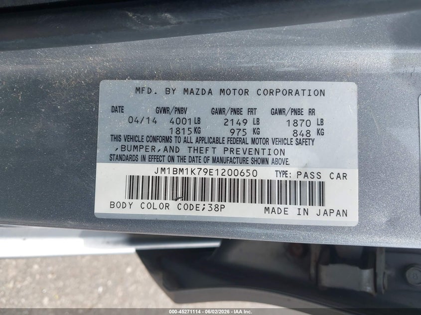 2014 Mazda 3 VIN JM1BM1K79E1200650 IAAI salvage auction — RIGHT FRONT, Prior Salvage (Minnesota), sold $425 on 2026-07-29 (photo 9)
