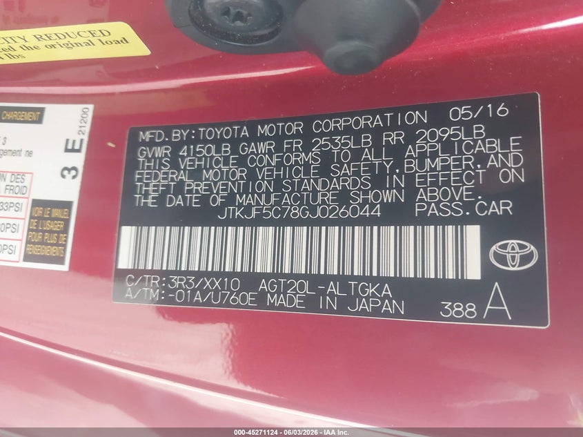 2016 Scion Tc VIN JTKJF5C78GJ026044 IAAI salvage auction — FRONT & REAR, Original (Texas), sold $4,600 on 2026-07-16 (photo 9)