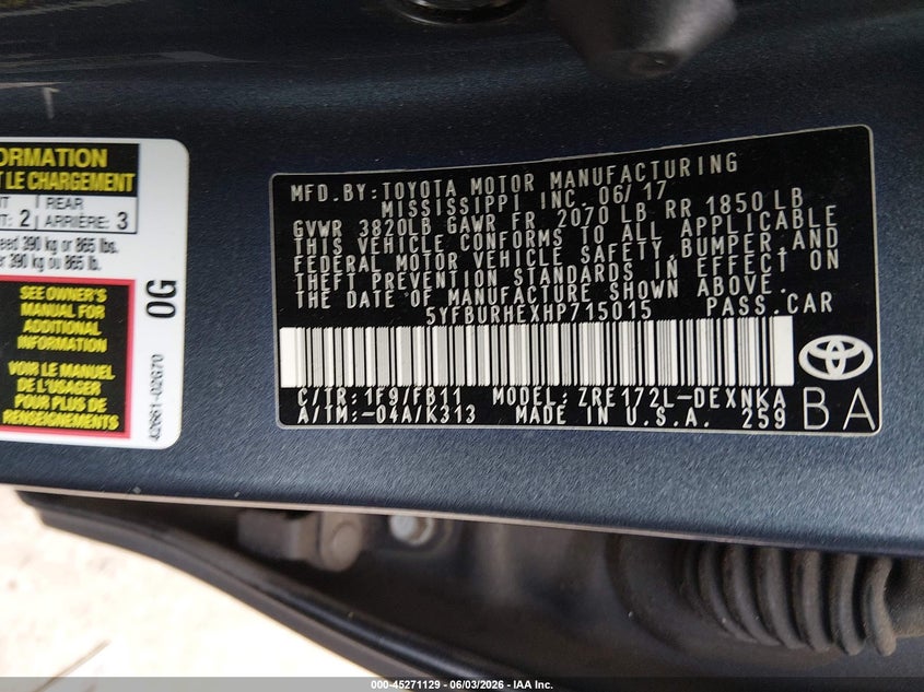 2017 Toyota Corolla VIN 5YFBURHEXHP715015 IAAI salvage auction — FRONT END, Salvage (Kansas), sold $4,400 on 2026-07-15 (photo 9)