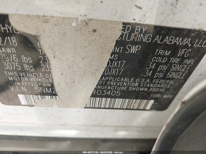 2018 Hyundai Santa fe VIN 5NMZU3LB8JH103405 IAAI salvage auction — FRONT END, Salvage (Texas), sold $2,350 on 2026-08-01 (photo 9)
