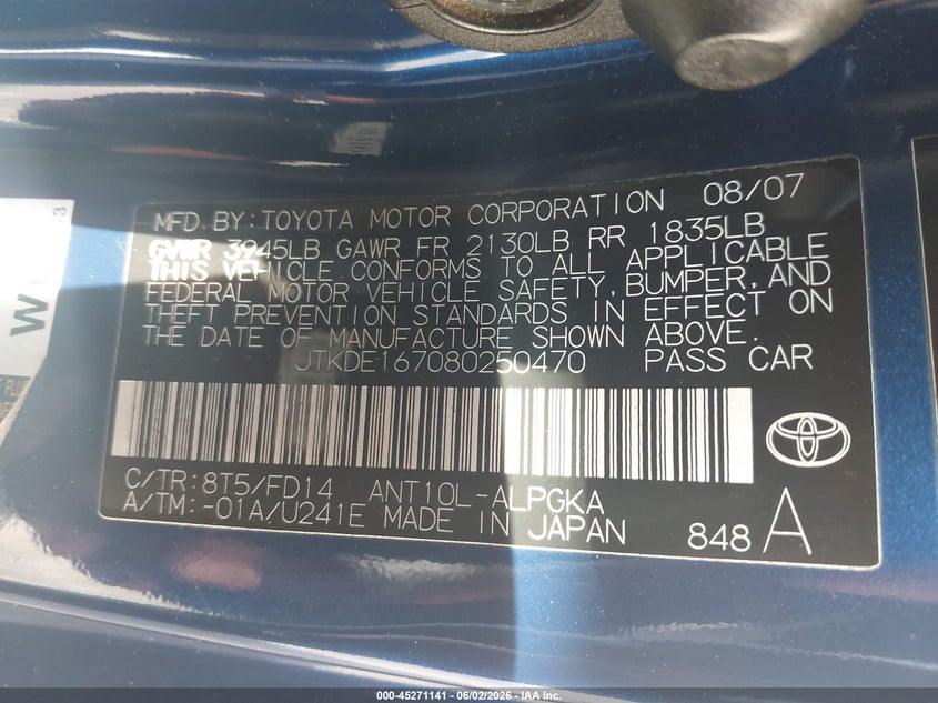 2008 Scion Tc VIN JTKDE167080250470 IAAI salvage auction — LEFT FRONT, Salvage (Georgia), sold $375 on 2026-07-22 (photo 9)