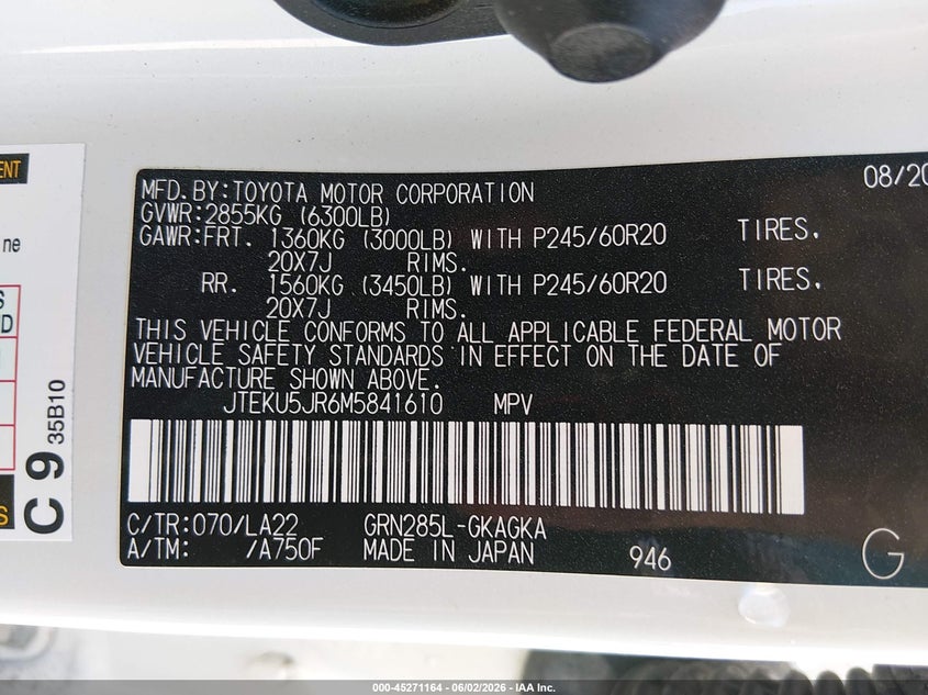 2021 Toyota 4runner VIN JTEKU5JR6M5841610 IAAI salvage auction — LEFT SIDE, Salvage Title, sold $25,675 on 2026-07-14 (photo 9)