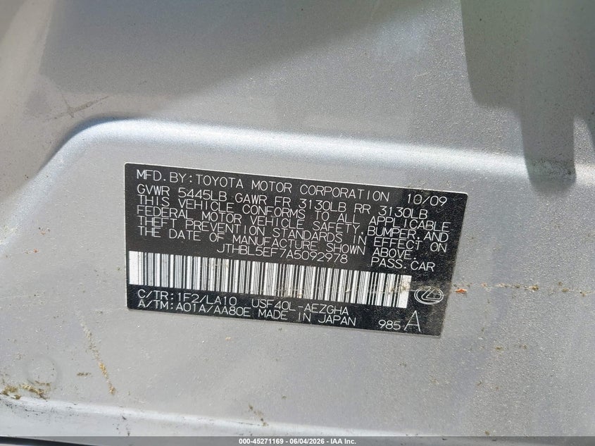 2010 Lexus Ls 460 VIN JTHBL5EF7A5092978 IAAI salvage auction — LEFT FRONT, Salvage (Georgia), sold $875 on 2026-07-17 (photo 9)