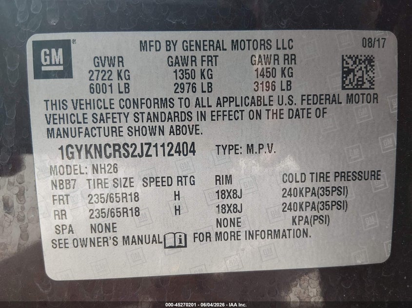 2018 Cadillac Xt5 VIN 1GYKNCRS2JZ112404 IAAI salvage auction — RIGHT FRONT, Salvage Title, sold $3,500 on 2026-07-21 (photo 9)