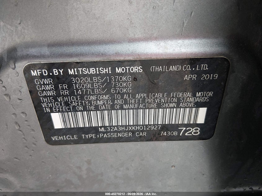 2019 Mitsubishi Mirage VIN ML32A3HJXKH012927 IAAI salvage auction — LEFT & RIGHT, Salvage (West Virginia), sold $400 on 2026-07-18 (photo 9)