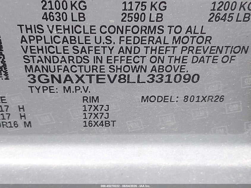 2020 Chevrolet Equinox VIN 3GNAXTEV8LL331090 IAAI salvage auction — FRONT END, Salvage Title, sold $2,150 on 2026-07-24 (photo 9)