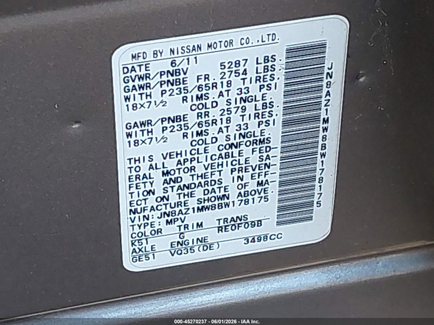 2011 Nissan Murano VIN JN8AZ1MW8BW178175 IAAI salvage auction — NORMAL WEAR, Clear (New York), sold $1,000 on 2026-07-14 (photo 9)