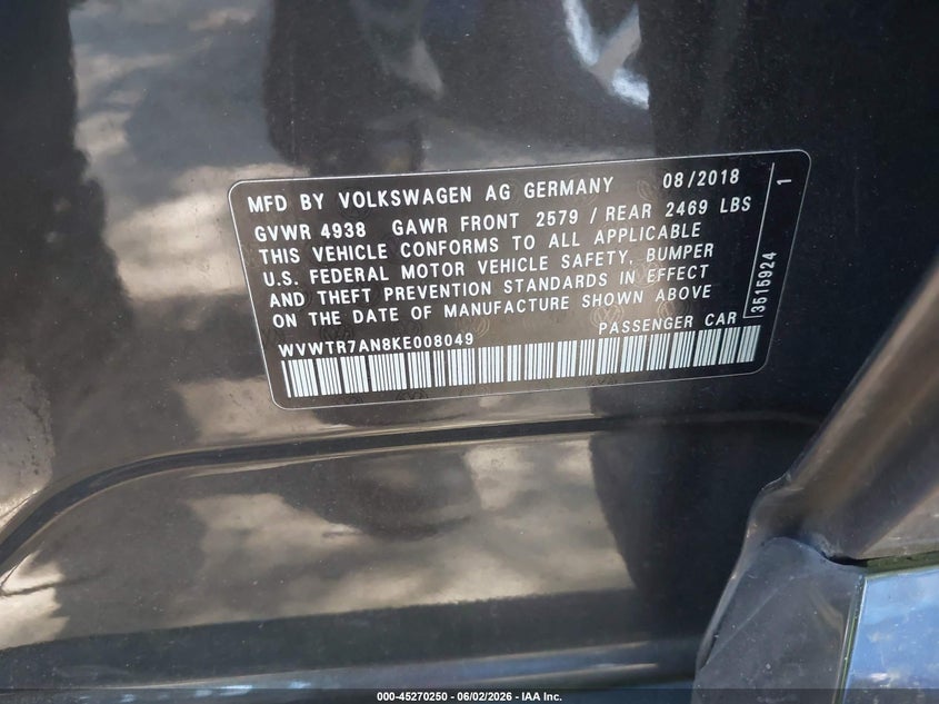2019 Volkswagen Arteon VIN WVWTR7AN8KE008049 IAAI salvage auction — FRONT END, Salvage Title, sold $3,550 on 2026-07-23 (photo 9)