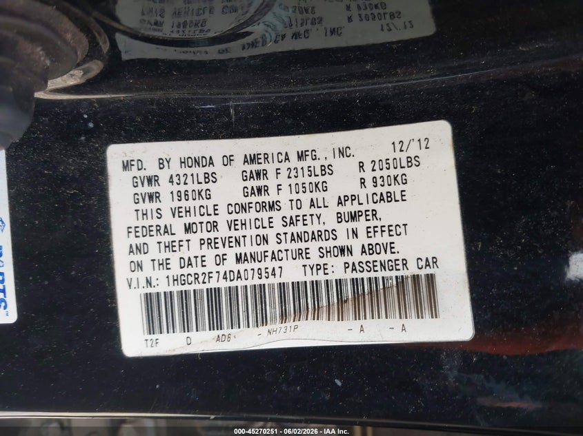 2013 Honda Accord VIN 1HGCR2F74DA079547 IAAI salvage auction — LEFT FRONT, Salvage (Idaho), sold $1,200 on 2026-08-03 (photo 9)