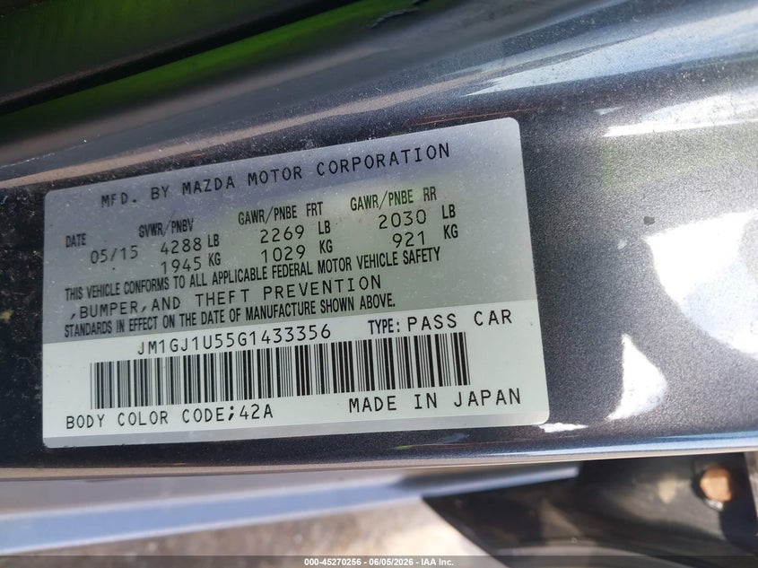 2016 Mazda 6 VIN JM1GJ1U55G1433356 IAAI salvage auction — HAIL, Salvage Title, sold $2,900 on 2026-07-14 (photo 9)