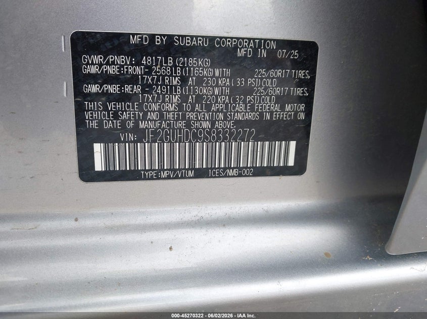 2025 Subaru Xv VIN JF2GUHDC9S8332272 IAAI salvage auction — FRONT & REAR, Salvage (North Carolina), sold $7,100 on 2026-07-16 (photo 9)