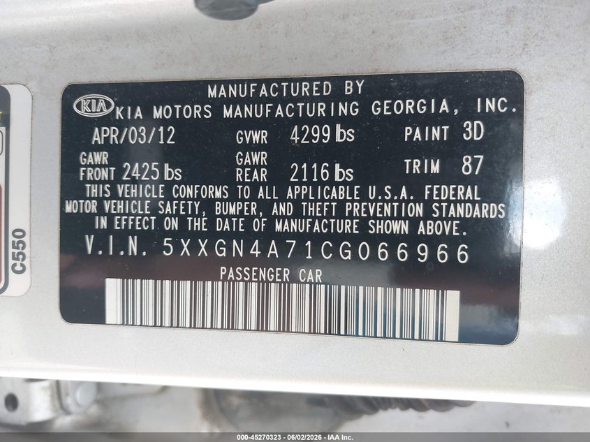 2012 Kia Optima VIN 5XXGN4A71CG066966 IAAI salvage auction — LEFT REAR, Salvage Title, sold $600 on 2026-07-08 (photo 9)