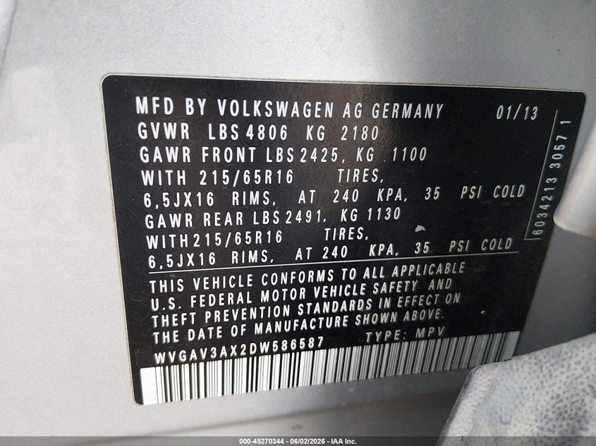2013 Volkswagen Tiguan VIN WVGAV3AX2DW586587 IAAI salvage auction — RIGHT FRONT, Salvage (South Carolina), sold $275 on 2026-07-08 (photo 9)