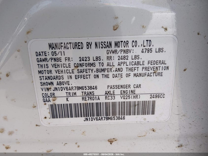 2011 Infiniti G25 VIN JN1DV6AR7BM653846 IAAI salvage auction — FRONT END, Salvage (New Jersey), sold $875 on 2026-07-27 (photo 9)
