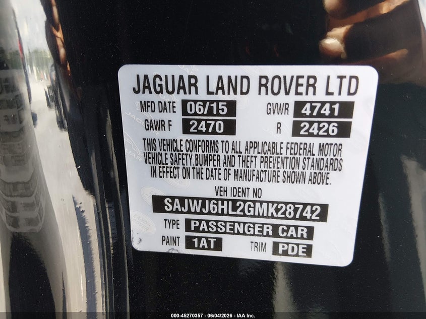 2016 Jaguar F-type VIN SAJWJ6HL2GMK28742 IAAI salvage auction — FRONT & REAR, Salvage (Illinois), sold $5,700 on 2026-07-28 (photo 9)
