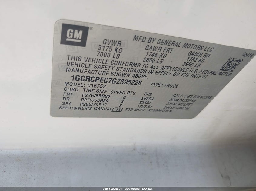 2016 Chevrolet Silverado VIN 1GCRCPEC7GZ395228 IAAI salvage auction — FRONT & REAR, Salvage Title, sold $3,000 on 2026-07-23 (photo 9)