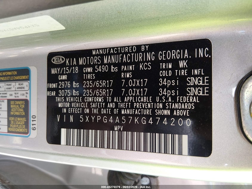 2019 Kia Sorento VIN 5XYPG4A57KG474200 IAAI salvage auction — FRONT END, Salvage Title, sold $650 on 2026-07-29 (photo 9)
