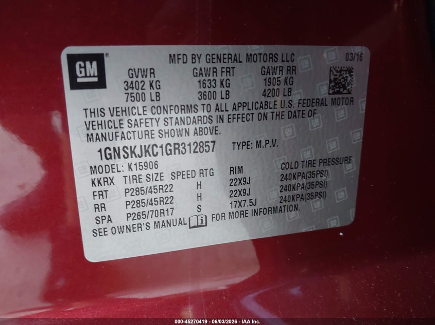 2016 Chevrolet Suburban VIN 1GNSKJKC1GR312857 IAAI salvage auction — RIGHT FRONT, Clear (Tennessee), sold $4,800 on 2026-07-22 (photo 9)