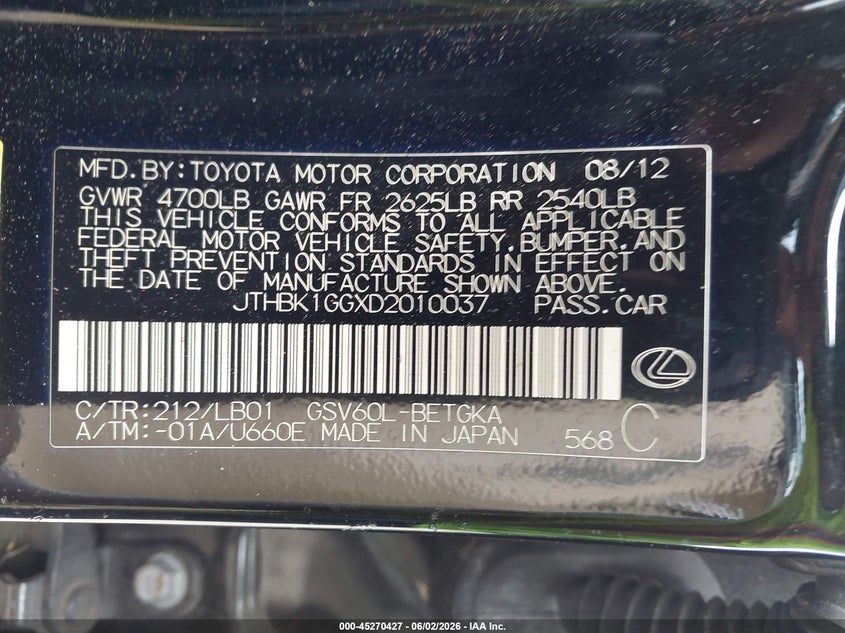 2013 Lexus ES VIN JTHBK1GGXD2010037 IAAI salvage auction — RIGHT REAR, Salvage Title, sold $1,100 on 2026-07-15 (photo 9)