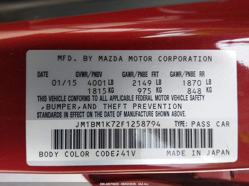 2015 Mazda 3 VIN JM1BM1K72F1258794 IAAI salvage auction — FRONT END, Original (Texas), sold $1,250 on 2026-07-28 (photo 9)