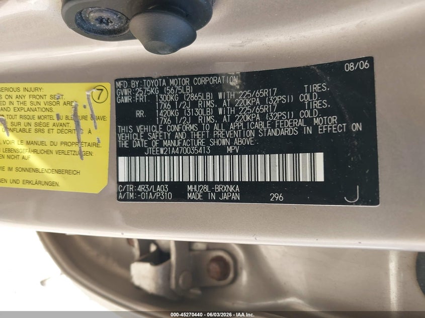 2007 Toyota Highlander VIN JTEEW21A470035413 IAAI salvage auction — LEFT SIDE, Clear (Massachusetts), sold $575 on 2026-07-10 (photo 9)
