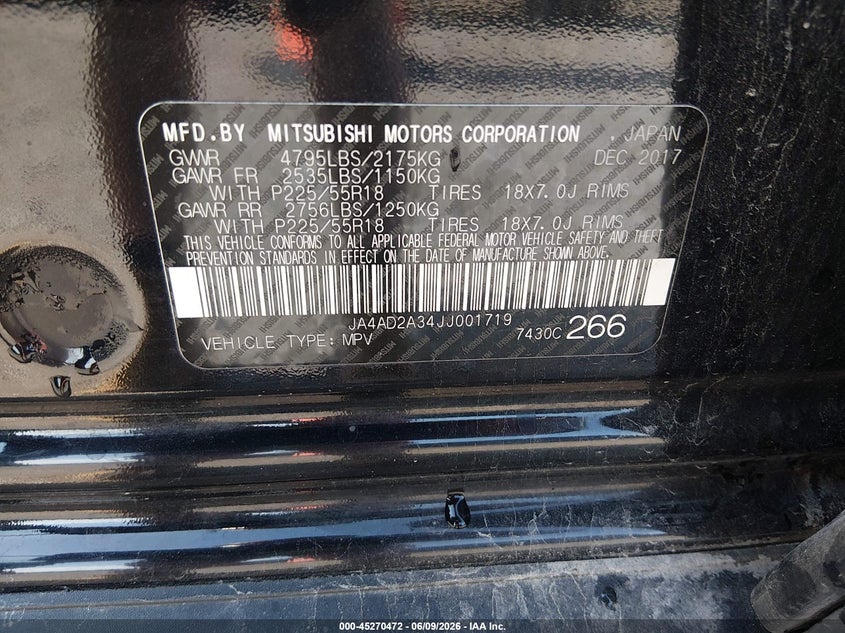 2018 Mitsubishi Outlander VIN JA4AD2A34JJ001719 IAAI salvage auction — REAR END, Salvage Title, sold $1,775 on 2026-07-13 (photo 9)